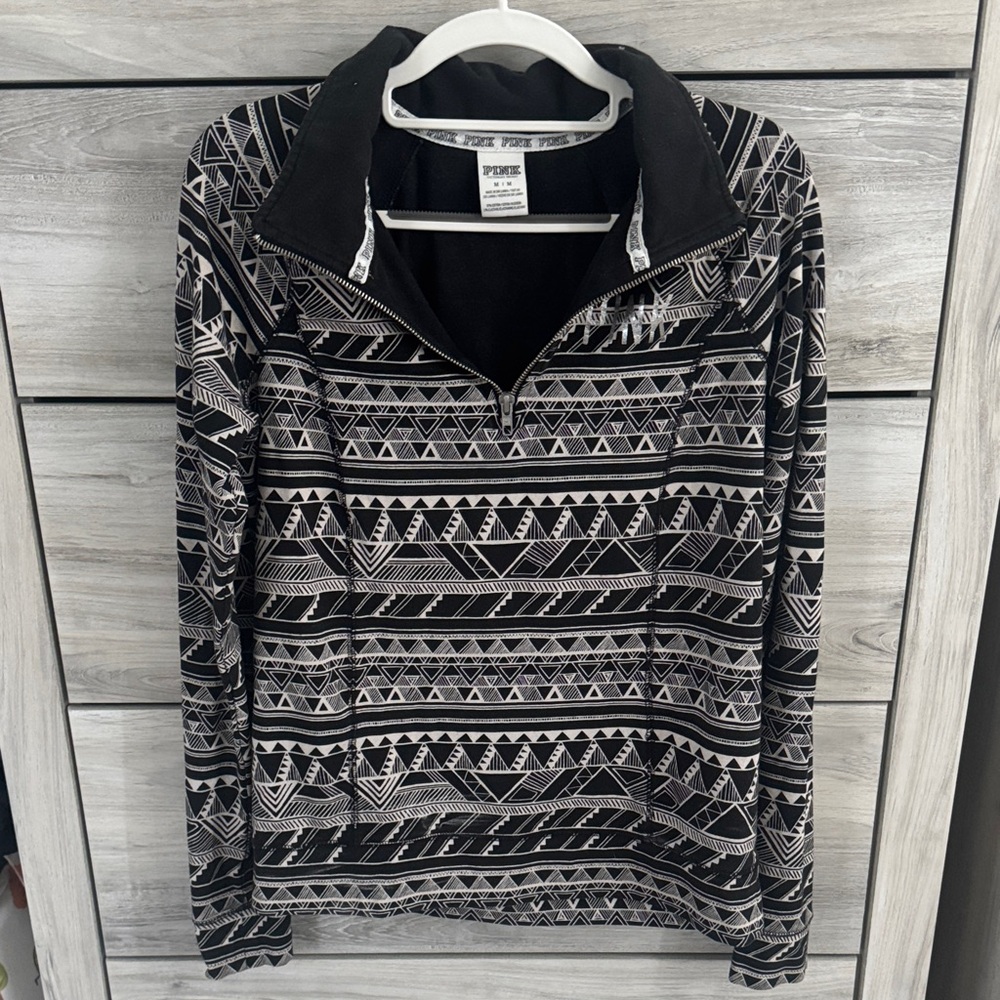 PINK Victoria's Secret Black and Cream Tribal Quarter Zip